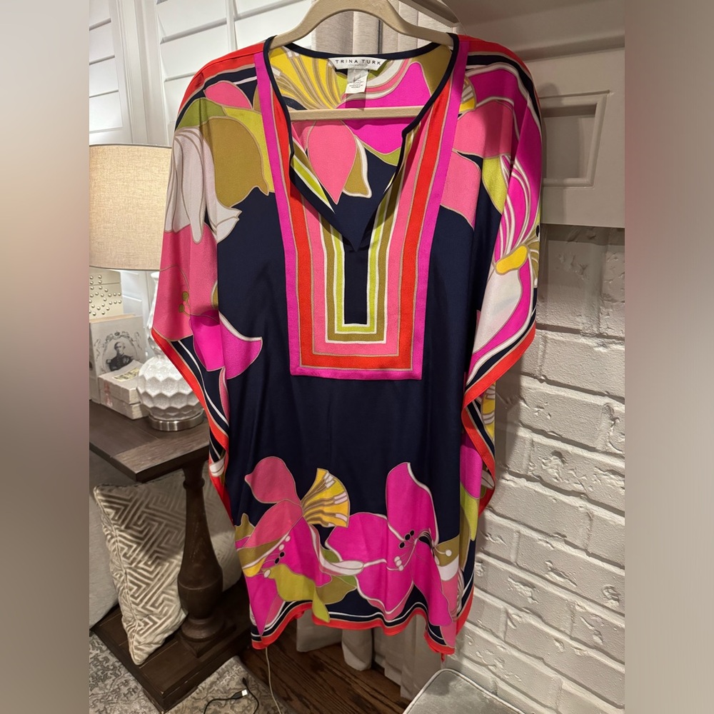 Trina Turk Silk Navy Floral Caftan Mini Dress Size-Large